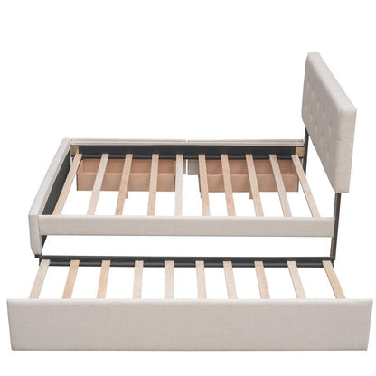 Queen Size Bed with 2 Storage Drawers and a Twin XL Trundle, Upholstered Platform Queen Bed Frame with Tufted Headboard