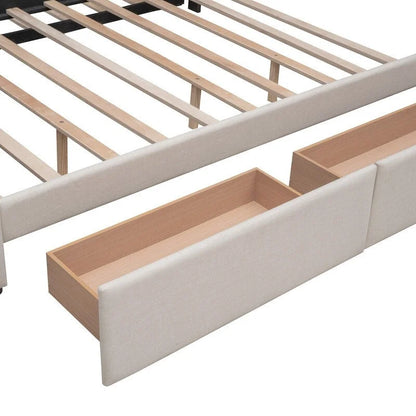 Queen Size Bed with 2 Storage Drawers and a Twin XL Trundle, Upholstered Platform Queen Bed Frame with Tufted Headboard