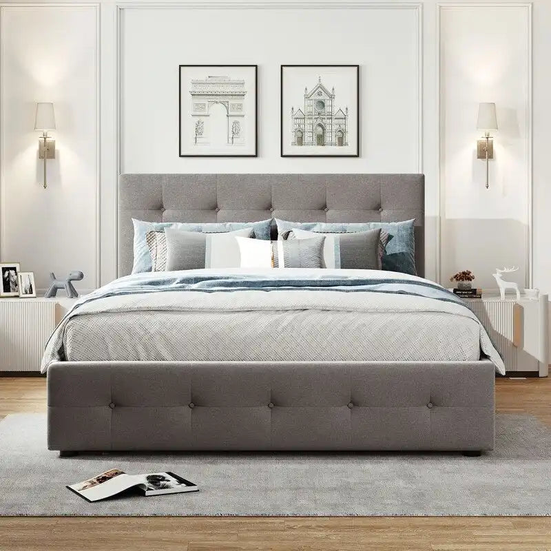 Queen Size Bed with 2 Storage Drawers and a Twin XL Trundle, Upholstered Platform Queen Bed Frame with Tufted Headboard