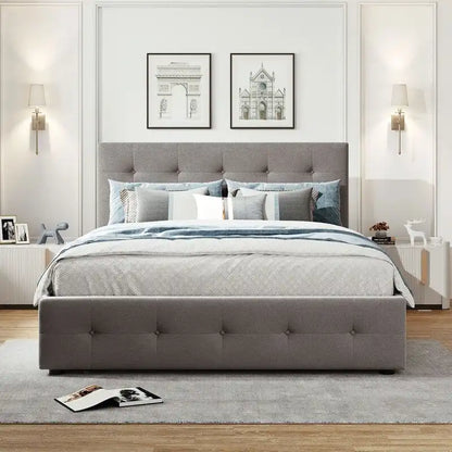 Queen Size Bed with 2 Storage Drawers and a Twin XL Trundle, Upholstered Platform Queen Bed Frame with Tufted Headboard