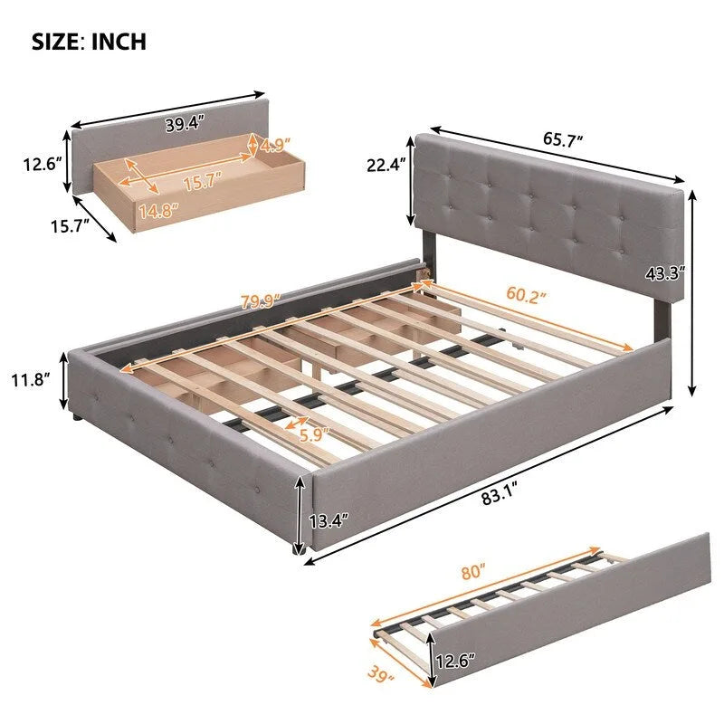 Queen Size Bed with 2 Storage Drawers and a Twin XL Trundle, Upholstered Platform Queen Bed Frame with Tufted Headboard
