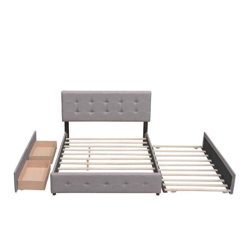 Queen Size Bed with 2 Storage Drawers and a Twin XL Trundle, Upholstered Platform Queen Bed Frame with Tufted Headboard