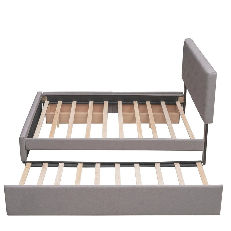 Queen Size Bed with 2 Storage Drawers and a Twin XL Trundle, Upholstered Platform Queen Bed Frame with Tufted Headboard