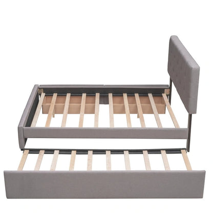 Queen Size Bed with 2 Storage Drawers and a Twin XL Trundle, Upholstered Platform Queen Bed Frame with Tufted Headboard