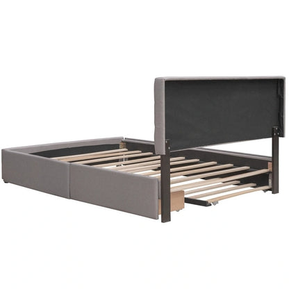 Queen Size Bed with 2 Storage Drawers and a Twin XL Trundle, Upholstered Platform Queen Bed Frame with Tufted Headboard