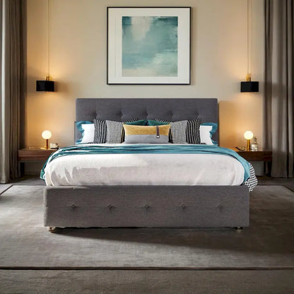 Queen Size Bed with 2 Storage Drawers and a Twin XL Trundle, Upholstered Platform Queen Bed Frame with Tufted Headboard