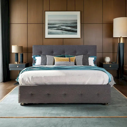 Queen Size Bed with 2 Storage Drawers and a Twin XL Trundle, Upholstered Platform Queen Bed Frame with Tufted Headboard