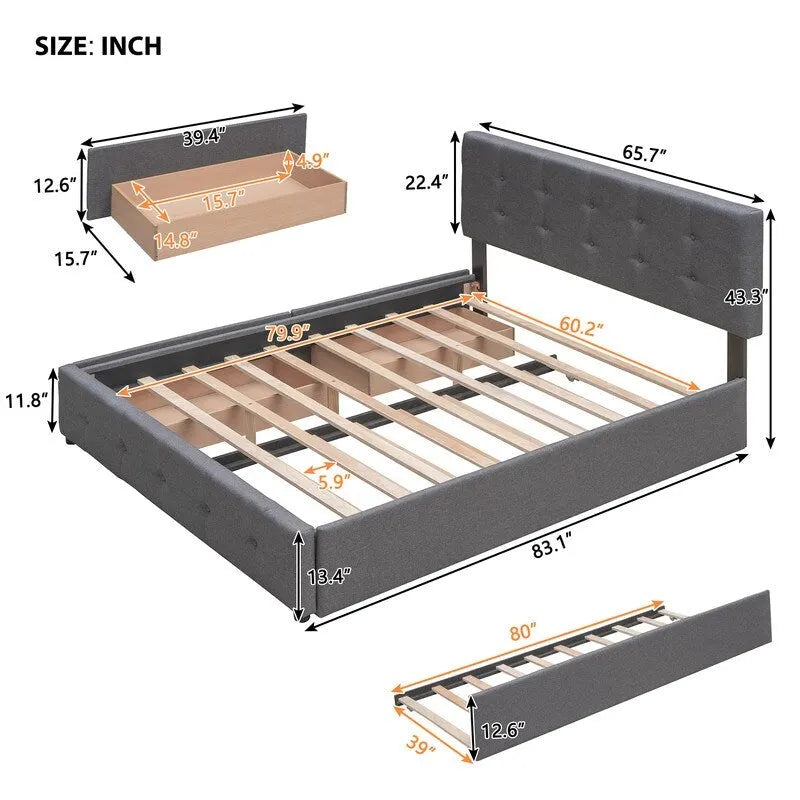 Queen Size Bed with 2 Storage Drawers and a Twin XL Trundle, Upholstered Platform Queen Bed Frame with Tufted Headboard