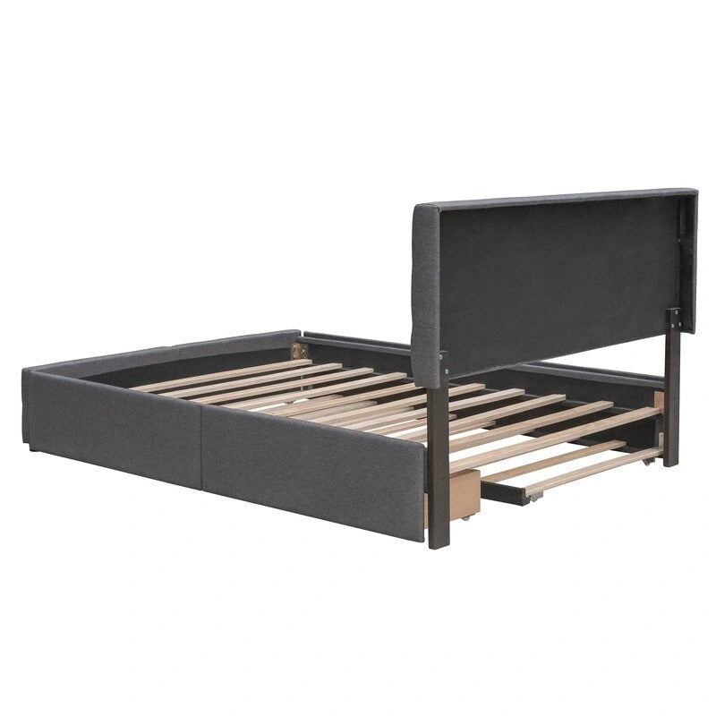 Queen Size Bed with 2 Storage Drawers and a Twin XL Trundle, Upholstered Platform Queen Bed Frame with Tufted Headboard