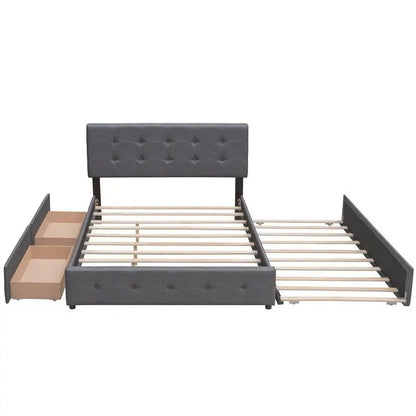 Queen Size Bed with 2 Storage Drawers and a Twin XL Trundle, Upholstered Platform Queen Bed Frame with Tufted Headboard