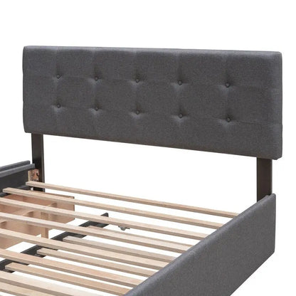 Queen Size Bed with 2 Storage Drawers and a Twin XL Trundle, Upholstered Platform Queen Bed Frame with Tufted Headboard