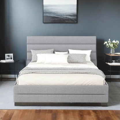 Queen Upholstered Platform Bed with Twin Size Trundle and Two Drawers