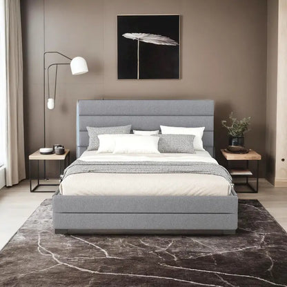 Queen Upholstered Platform Bed with Twin Size Trundle and Two Drawers