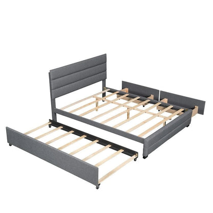Queen Upholstered Platform Bed with Twin Size Trundle and Two Drawers