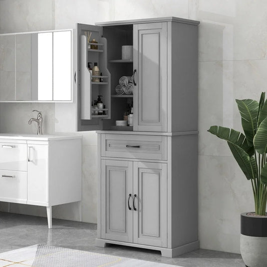 72Tall Bathroom Storage Cabinet with Doors and Drawer, Multiple Storage Space, Adjustable Shelf, Grey