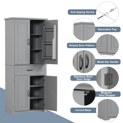 72Tall Bathroom Storage Cabinet with Doors and Drawer, Multiple Storage Space, Adjustable Shelf, Grey