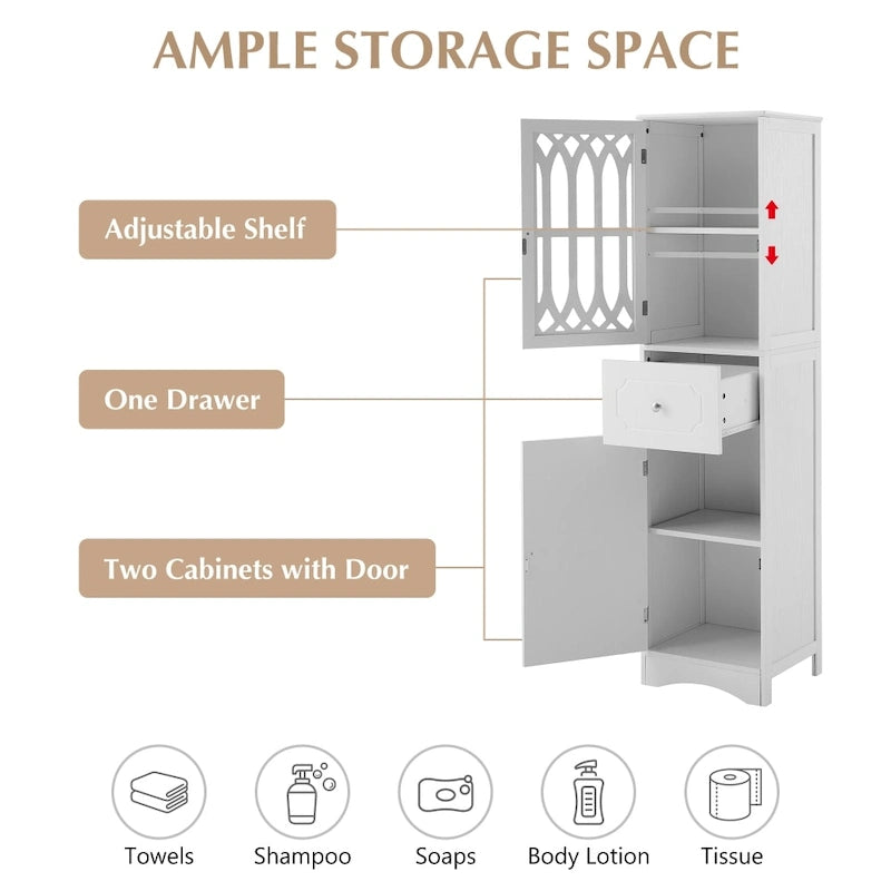 Freestanding White Bathroom Storage Cabinet with Adjustable Shelf
