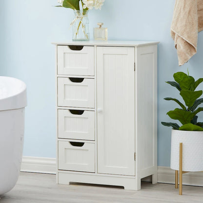 White Wood 4-Drawer 1-Door Bathroom Storage Cabinet - 32.68 H x 22.05 W x 11.81 D
