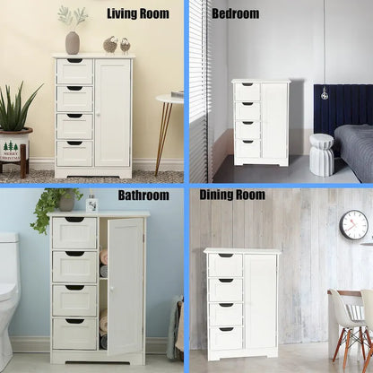 White Wood 4-Drawer 1-Door Bathroom Storage Cabinet - 32.68 H x 22.05 W x 11.81 D