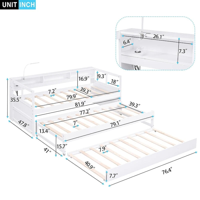 Merax Twin XL Wood Daybed with 2 Trundles, 3 Storage Cubbies, 1 Light for Free and USB Charging Design