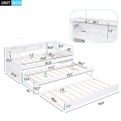 Merax Twin XL Wood Daybed with 2 Trundles, 3 Storage Cubbies, 1 Light for Free and USB Charging Design