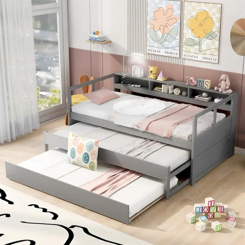 Merax Twin XL Wood Daybed with 2 Trundles, 3 Storage Cubbies, 1 Light for Free and USB Charging Design