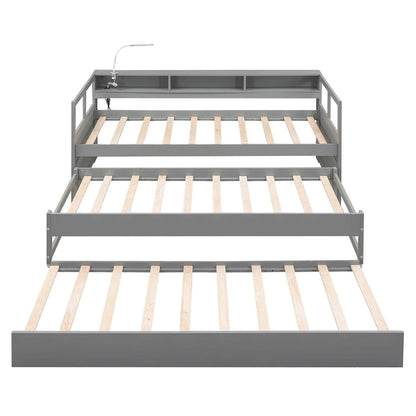 Merax Twin XL Wood Daybed with 2 Trundles, 3 Storage Cubbies, 1 Light for Free and USB Charging Design