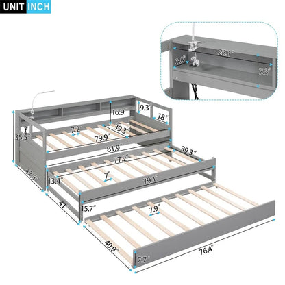 Merax Twin XL Wood Daybed with 2 Trundles, 3 Storage Cubbies, 1 Light for Free and USB Charging Design