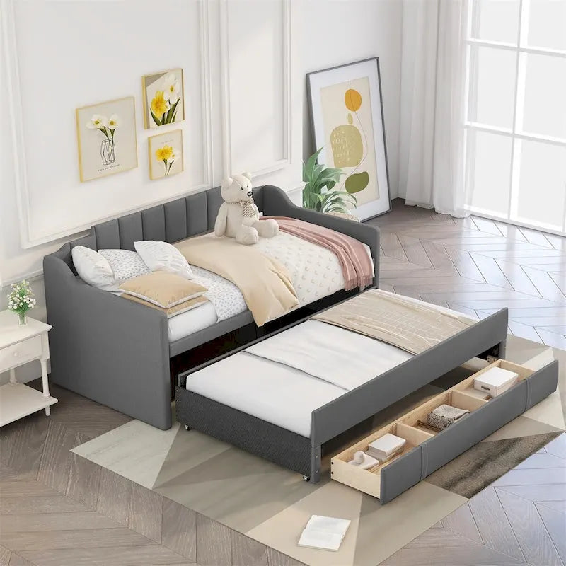 Merax Twin Upholstered Daybed with Trundle, 3 Drawers
