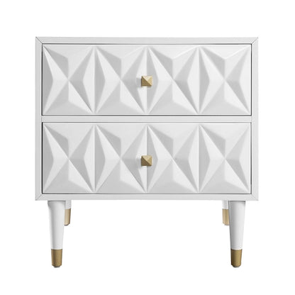 27 White Geometric Patterned Two Drawer Nightstand