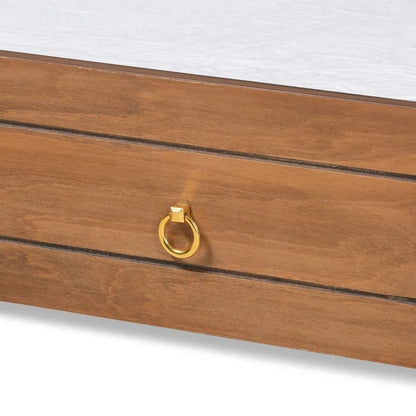 Twin Size Wooden Trundle Bed Frame with Walnut Brown and Gold Tone Metal Ring Pulls