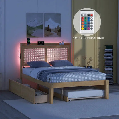 Full Size Bed Frame with Rattan Headboard