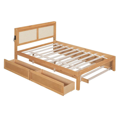 Full Size Bed Frame with Rattan Headboard