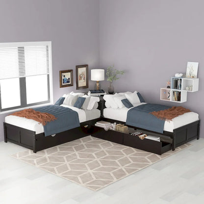 L-shaped Platform Bed with Trundle and Drawers Linked with built-in Desk