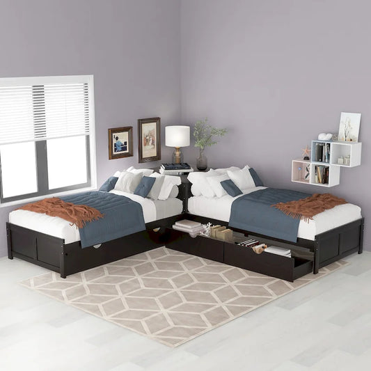 L-shaped Platform Bed with Trundle and Drawers Linked with built-in Desk