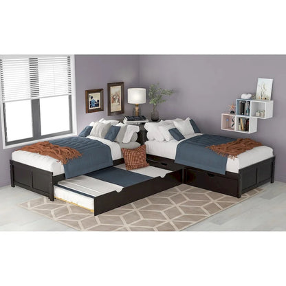 L-shaped Platform Bed with Trundle and Drawers Linked with built-in Desk