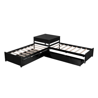 L-shaped Platform Bed with Trundle and Drawers Linked with built-in Desk