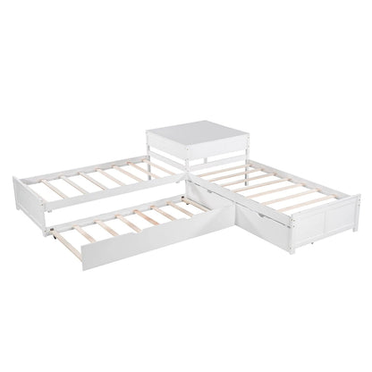 L-shaped Platform Bed with Trundle and Drawers Linked with built-in Desk