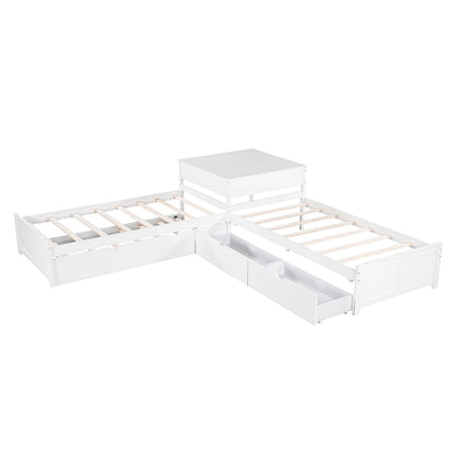 L-shaped Platform Bed with Trundle and Drawers Linked with built-in Desk