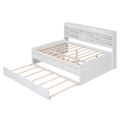 Full Size Wooden Captain Bed with Built-in Bookshelves,Three Storage Drawers and Trundle