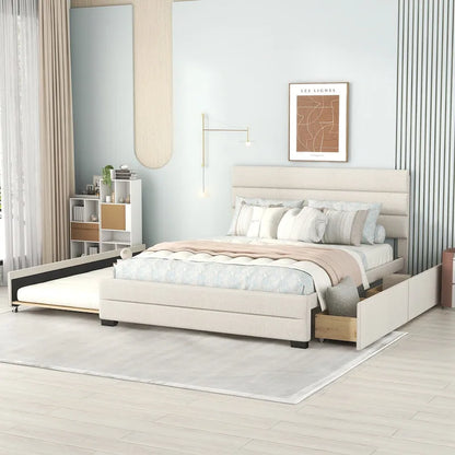 Beige Queen Upholstered Platform Bed, Trundle, Storage Drawers, Modern Design, Sturdy Frame