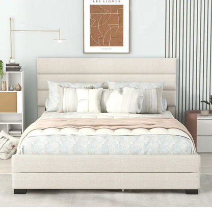 Beige Queen Upholstered Platform Bed, Trundle, Storage Drawers, Modern Design, Sturdy Frame