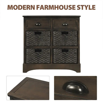 Rustic Storage Cabinet with Two Drawers and Four Classic Rattan Basket - 28L x 11.8W x 28H
