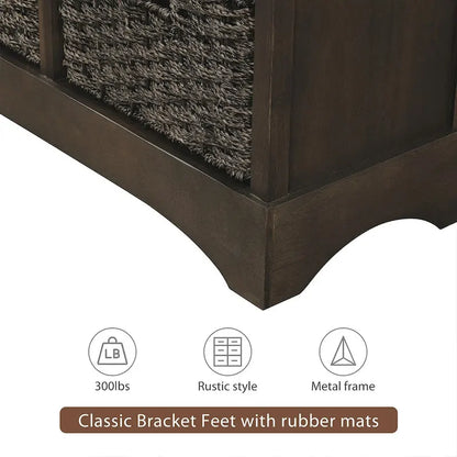 Rustic Storage Cabinet with Two Drawers and Four Classic Rattan Basket - 28L x 11.8W x 28H