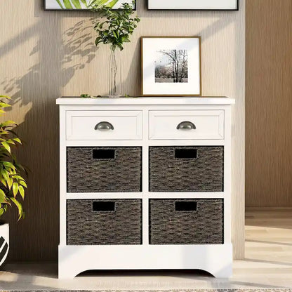 Rustic Storage Cabinet with Two Drawers and Four Classic Rattan Basket - 28L x 11.8W x 28H