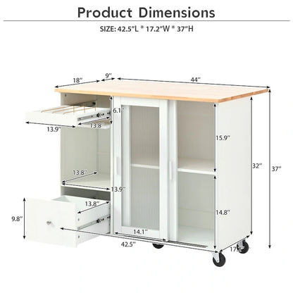 Kitchen Island with Drop Leaf, LED Light Kitchen Cart on Wheels