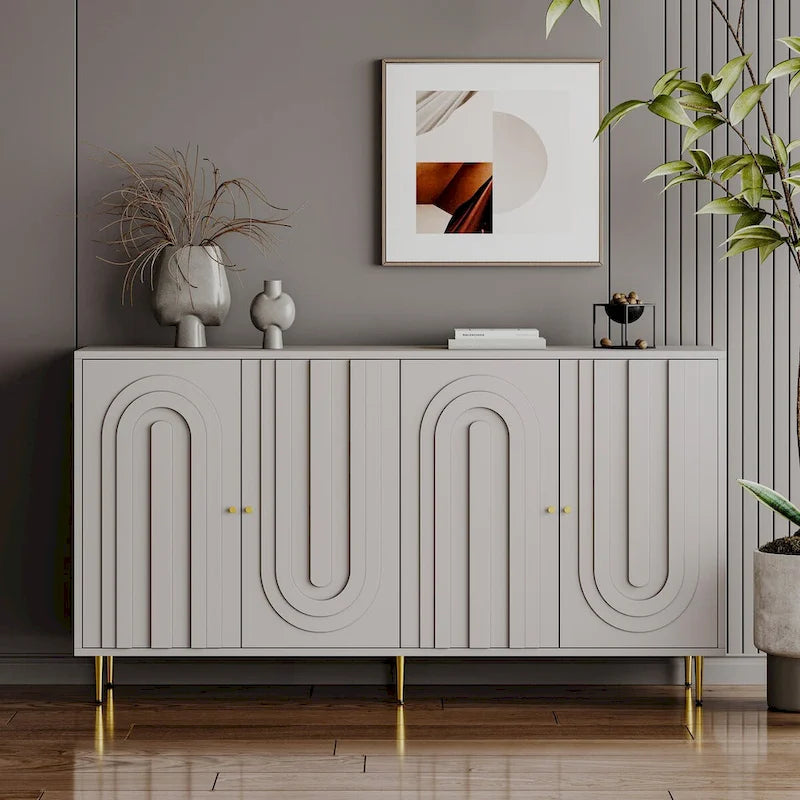 Modern Gray Lacquered 4 Door Wooden Cabinet Sideboard Buffet Server Cabinet - N/A