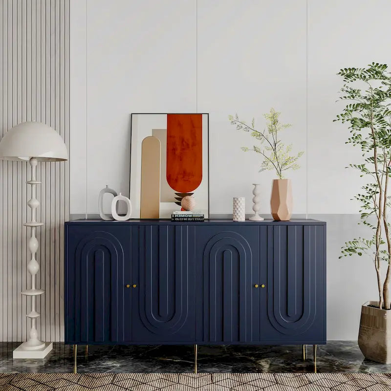 Modern Gray Lacquered 4 Door Wooden Cabinet Sideboard Buffet Server Cabinet - N/A