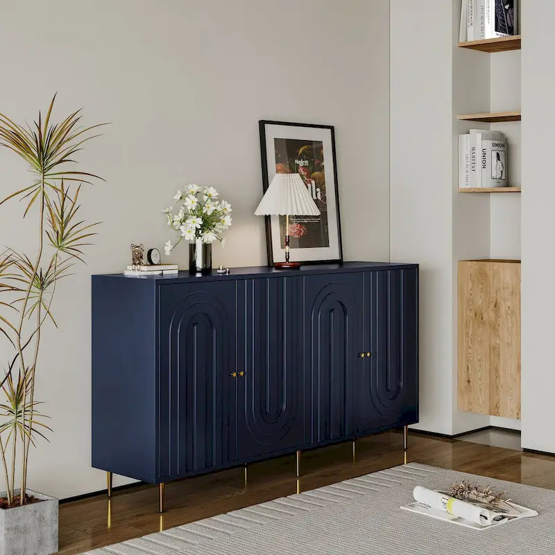 Modern Gray Lacquered 4 Door Wooden Cabinet Sideboard Buffet Server Cabinet - N/A