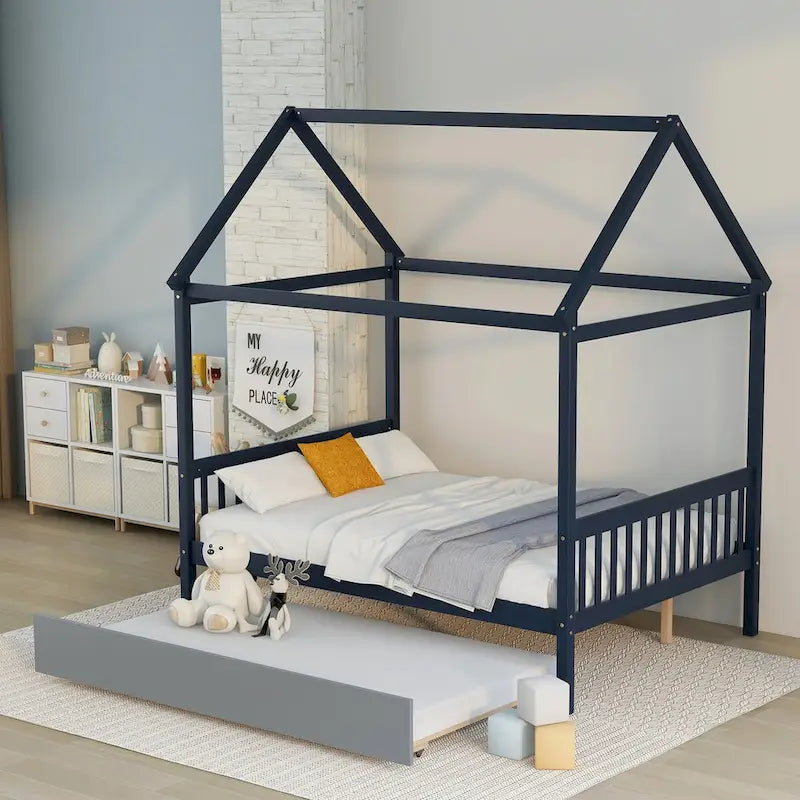 Pine Full House Bed with Canopy, Trundle, and Roof